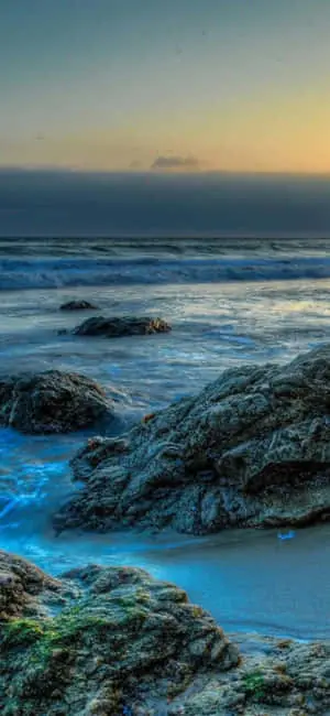 a beach with rocks and water at sunset