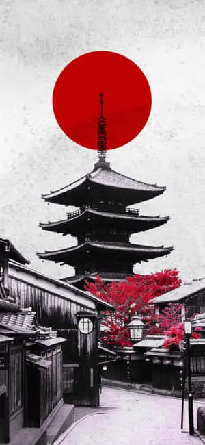 a red pagoda with a red circle in the middle