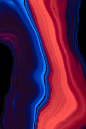 a blue and red abstract painting on a black background